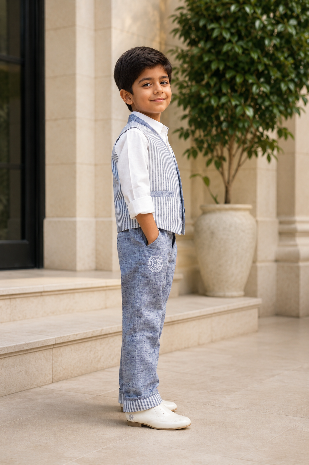 Boys Blue Stripe Nehru Jacket with Textured Waistcoat, White Shirt & Trousers | Premium Wedding, Party & Festive Wear 3-Piece Set 3274LN-221-BLU - Image 5