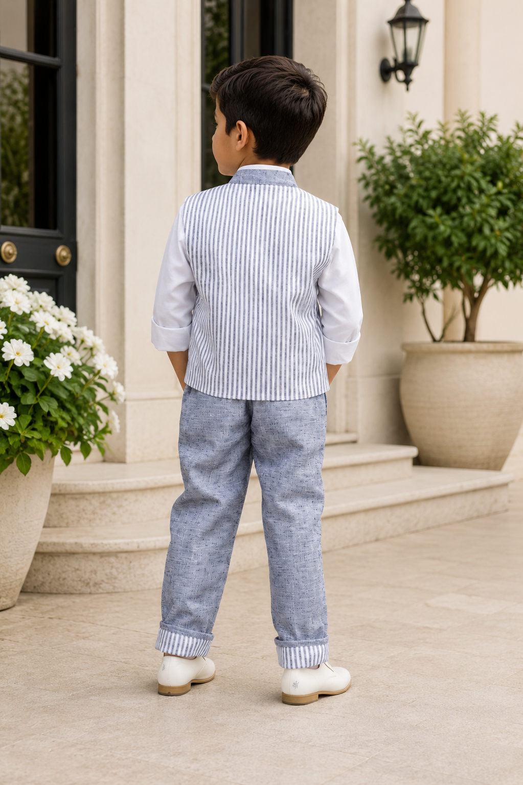 Boys Blue Stripe Nehru Jacket with Textured Waistcoat, White Shirt & Trousers | Premium Wedding, Party & Festive Wear 3-Piece Set 3274LN-221-BLU - Image 2