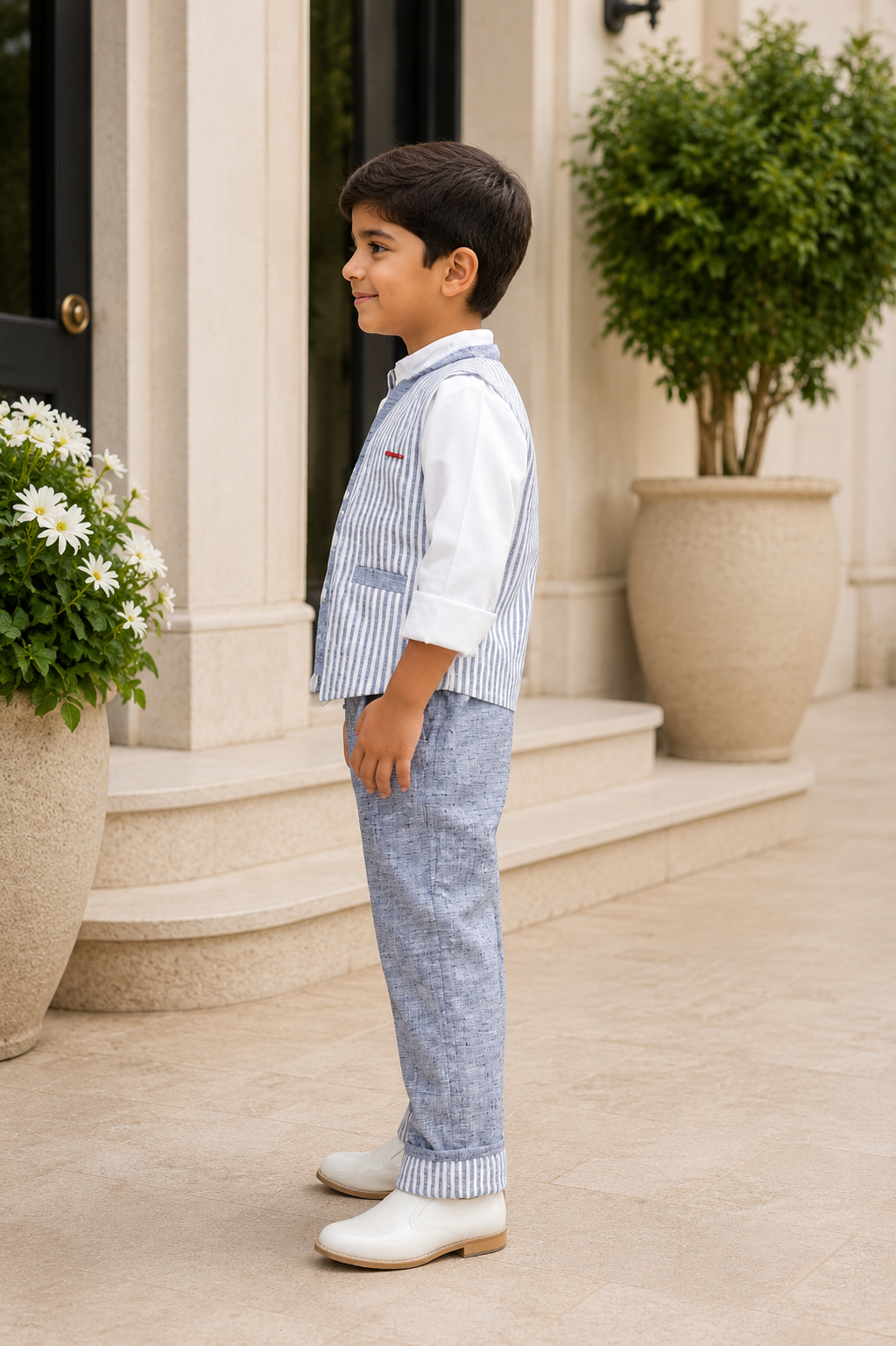 Boys Blue Stripe Nehru Jacket with Textured Waistcoat, White Shirt & Trousers | Premium Wedding, Party & Festive Wear 3-Piece Set 3274LN-221-BLU - Image 3