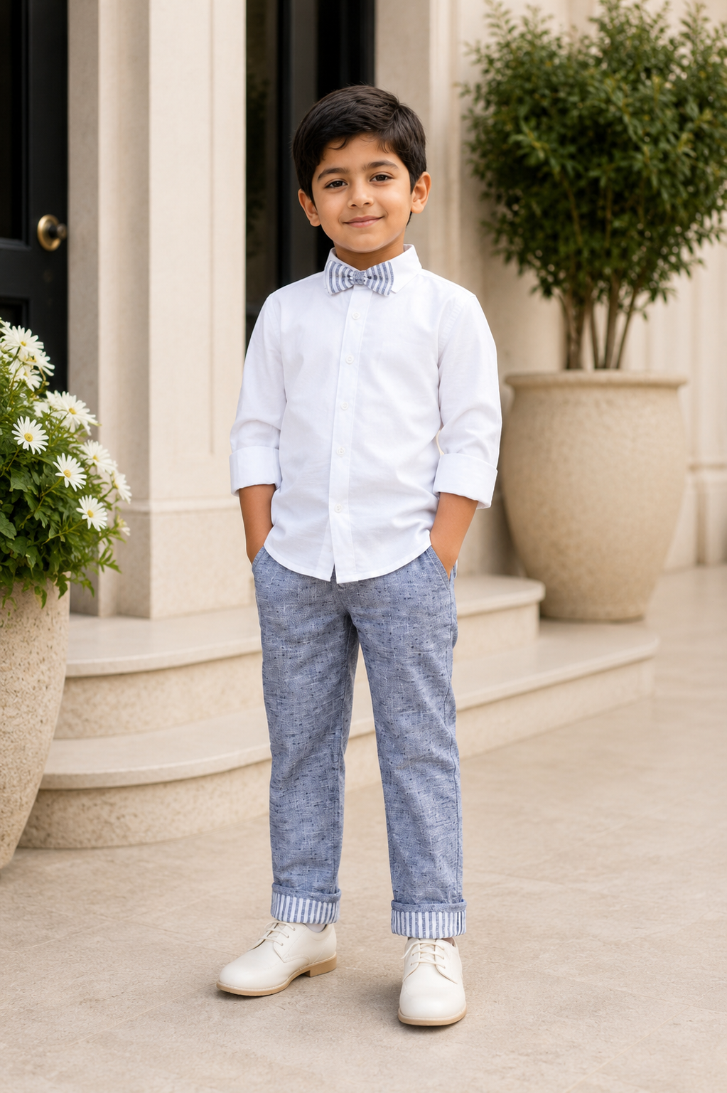 Boys Blue Stripe Nehru Jacket with Textured Waistcoat, White Shirt & Trousers | Premium Wedding, Party & Festive Wear 3-Piece Set 3274LN-221-BLU - Image 4