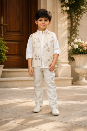 Boys Ivory Embroidered Nehru Jacket with White Shirt & Trousers | Premium Party, Wedding & Festive Wear Set 3275EM-221-FWN