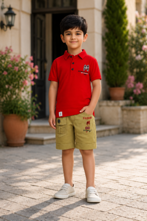 Boys Red Cotton Polo T-Shirt & Khaki Cargo Shorts Co-Ord Set | Half Sleeve Casual Summer Outfit 8131PT-30-RED