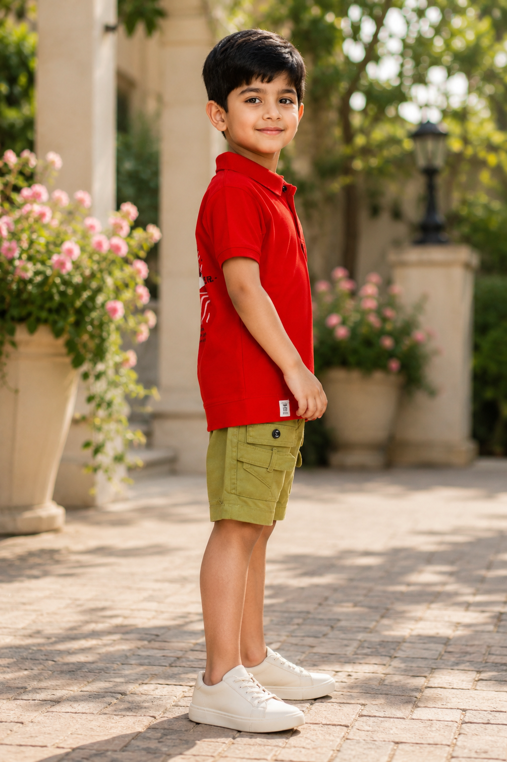 Boys Red Cotton Polo T-Shirt & Khaki Cargo Shorts Co-Ord Set | Half Sleeve Casual Summer Outfit 8131PT-30-RED - Image 5