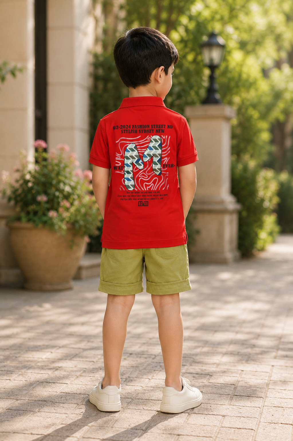 Boys Red Cotton Polo T-Shirt & Khaki Cargo Shorts Co-Ord Set | Half Sleeve Casual Summer Outfit 8131PT-30-RED - Image 2