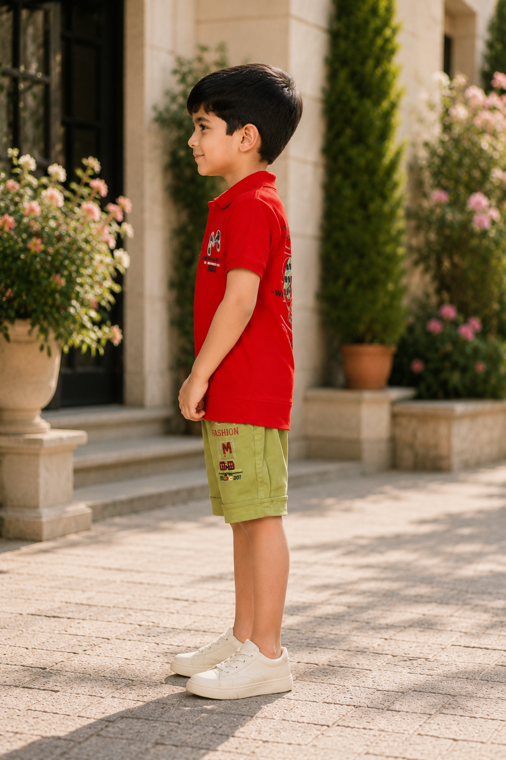 Boys Red Cotton Polo T-Shirt & Khaki Cargo Shorts Co-Ord Set | Half Sleeve Casual Summer Outfit 8131PT-30-RED - Image 3