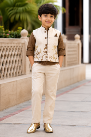 Boys Cream Embroidered Nehru Jacket with Brown Kurta & Pant Set | Traditional Ethnic Festive Wear 3277PT-221-BWN