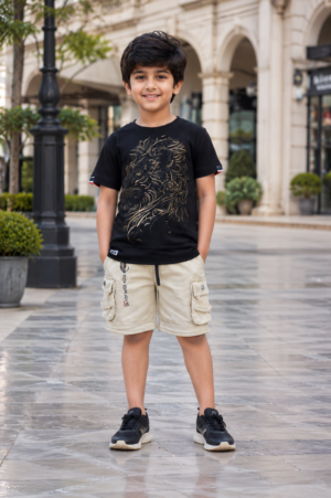 Boys Black Lion Graphic Cotton T-Shirt & Beige Cargo Shorts Co-Ord Set | Half Sleeve Casual Summer Outfit  8280EM-30-BLK