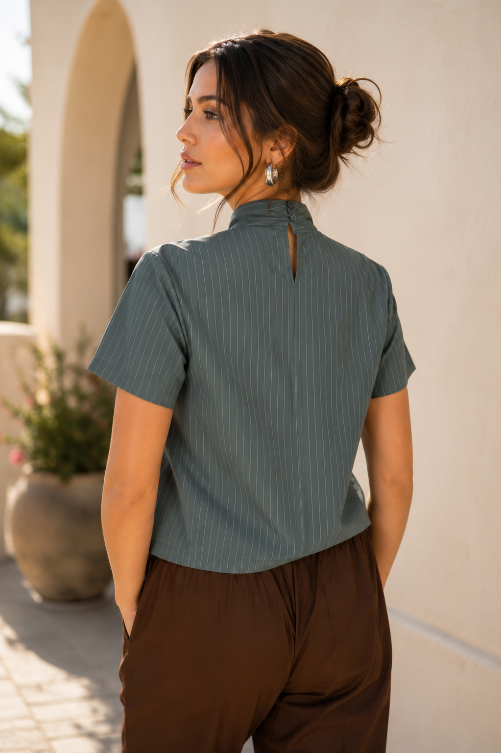 Women's Olive GREEN Pinstripe High Neck Twist Detail Top | Short Sleeve Smart Casual Office Wear Blouse 170-146-GRN - Image 2