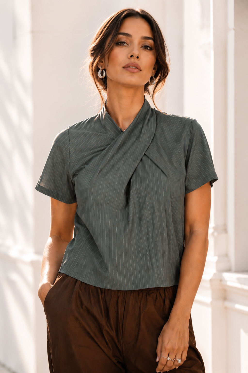Women's Olive GREEN Pinstripe High Neck Twist Detail Top | Short Sleeve Smart Casual Office Wear Blouse 170-146-GRN