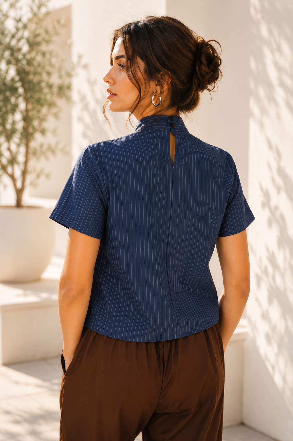 Women's Navy Blue Pinstripe High Neck Twist Detail Top | Short Sleeve Smart Casual Office Wear Blouse 170-146-BLU - Image 2