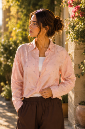 Women's Peach Pink Printed Cotton Full Sleeve Button-Down Shirt | Casual & Office Wear 8543-23- PEACH