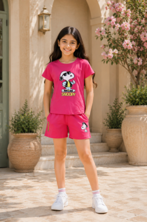 Girls Hot Pink Snoopy Printed Cotton T-Shirt & Shorts Co-Ord Set | Half Sleeve Casual Summer Wear 1013-268-RNI-PR