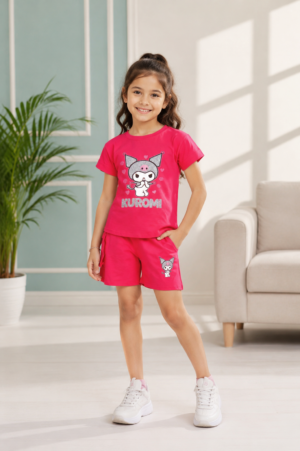 Girls Hot Pink Kuromi Printed Cotton T-Shirt & Cargo Shorts Co-Ord Set | Half Sleeve Casual Summer Wear 1014-268-RNI-PR