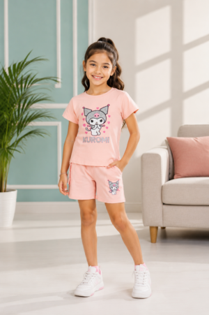 Girls Peach Pink Kuromi Printed Cotton T-Shirt & Cargo Shorts Co-Ord Set | Half Sleeve Casual Summer Wear 1014-268-PCH-PR