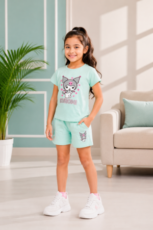 Girls C Green Kuromi Printed Cotton T-Shirt & Cargo Shorts Co-Ord Set | Half Sleeve Casual Summer Wear 1014-268-C GRN-PR