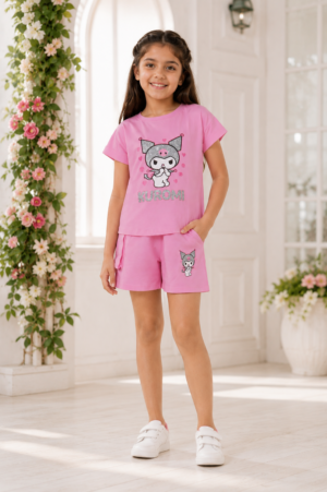 Girls Pink Kuromi Printed Cotton T-Shirt & Cargo Shorts Co-Ord Set | Half Sleeve Casual Summer Outfit 1014-268-PNK-PR