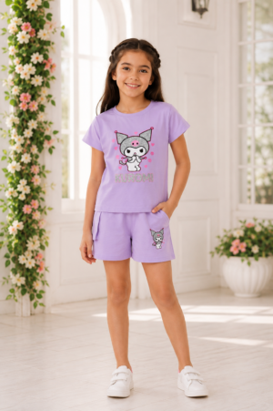 Girls Lavender Kuromi Printed Cotton T-Shirt & Shorts Co-Ord Set | Soft Summer Casual Wear 1014-268-LAV-PR