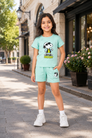 Girls C Green Snoopy Printed Cotton T-Shirt & Shorts Co-Ord Set | Half Sleeve Casual Summer Wear 1013-268-C GRN-PR