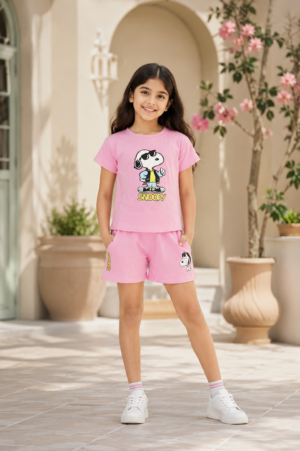 Girls Baby Pink Snoopy Printed Cotton T-Shirt & Shorts Co-Ord Set | Half Sleeve Casual Summer Wear 1013-268-PNK-PR