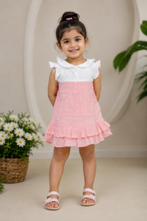 Girls Pink & White Ruffle Sleeve Fit & Flare Dress | Soft Cotton Casual Summer Wear 9036-41-LPNK-PL