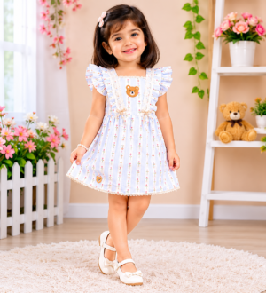Girls Sky Blue Printed Fit & Flare Dress | Ruffle Sleeve Soft Cotton Summer Wear 9040-41-SBLU-PR