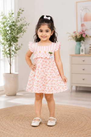 Girls Peach Floral Print Fit & Flare Dress | Ruffle Sleeve Soft Cotton Summer Wear 9046-268-ORG-PR