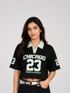 Women's Black Chicago 23 Graphic Print Polo Crop T-Shirt | Half Sleeve | Soft Cotton Casual Everyday Wear 1527-268-GRN BLK-PR