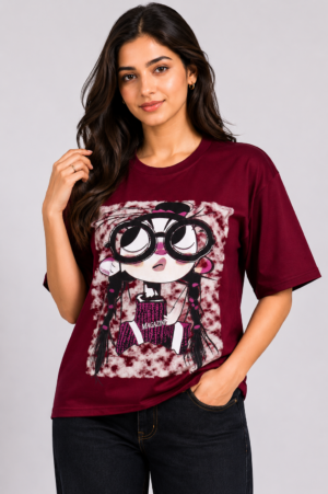 Women's Maroon Graphic Print Oversized Cotton T-Shirt | Round Neck | Half Sleeve | Soft & Comfortable Casual Everyday Wear NG25-441-MRN-PR
