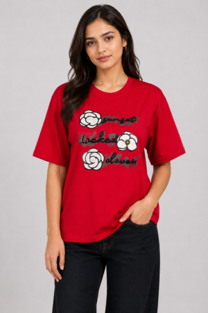 Women's Red Oversized Graphic Printed Cotton T-Shirt | Round Neck | Half Sleeves | Casual Everyday Wear NG09-441-NN PNK-PR