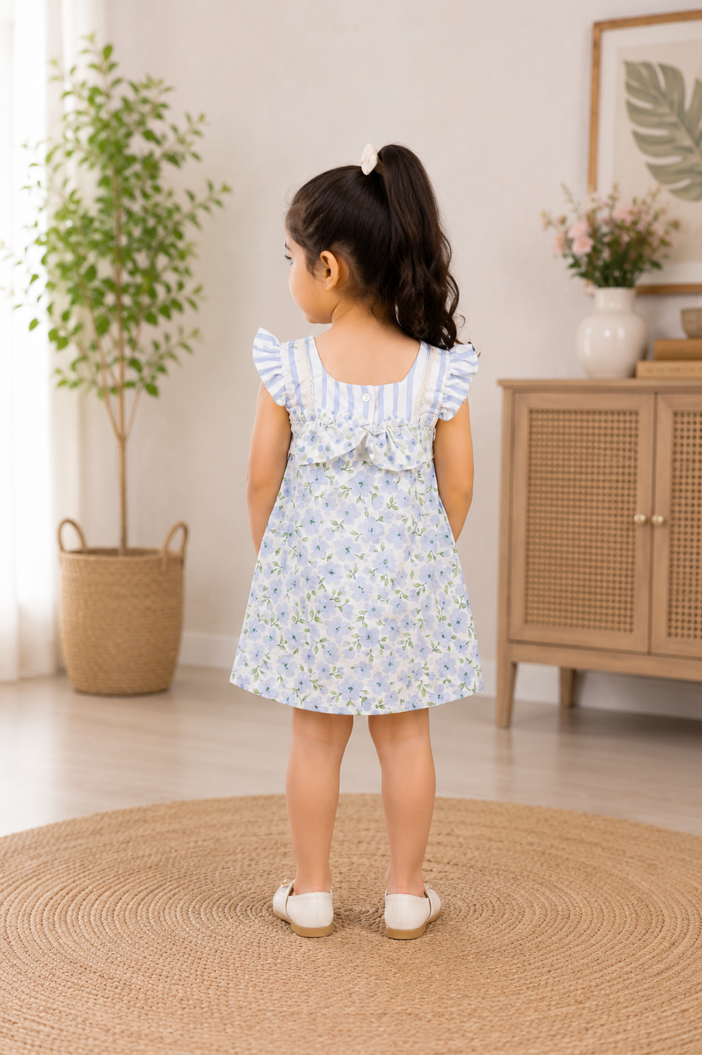 Girls Blue Floral Print Fit & Flare Dress | Ruffle Sleeve Soft Cotton Summer Wear 9046-268-BLU-PR - Image 2