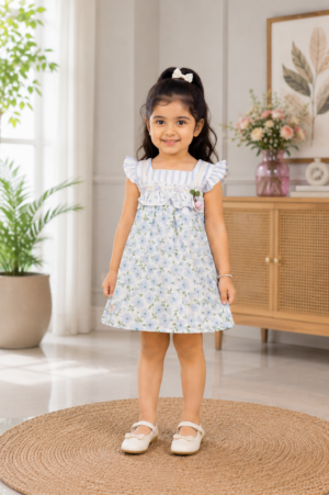 Girls Blue Floral Print Fit & Flare Dress | Ruffle Sleeve Soft Cotton Summer Wear 9046-268-BLU-PR