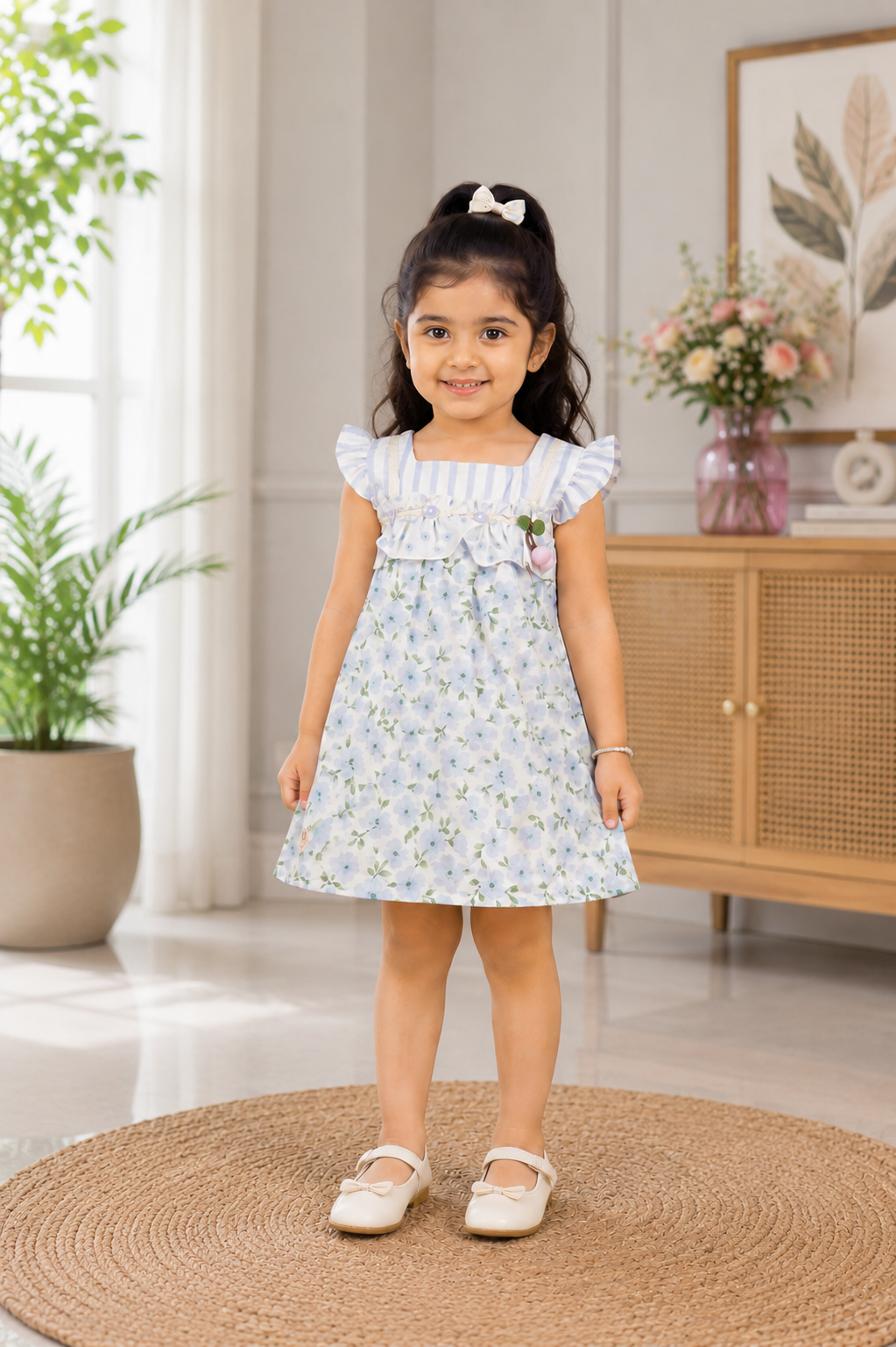 Girls Blue Floral Print Fit & Flare Dress | Ruffle Sleeve Soft Cotton Summer Wear 9046-268-BLU-PR