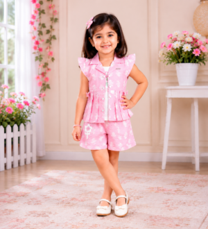 Girls Pink Floral Print Shirt & Shorts Co-Ord Set | Soft Cotton Casual Summer Wear 4703-268-WHT PNK-PR