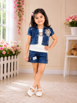Girls White Top with Denim Shorts & Embroidered Shrug 3-Piece Co-Ord Set | Casual Summer Wear 4873-268-DNM-PT
