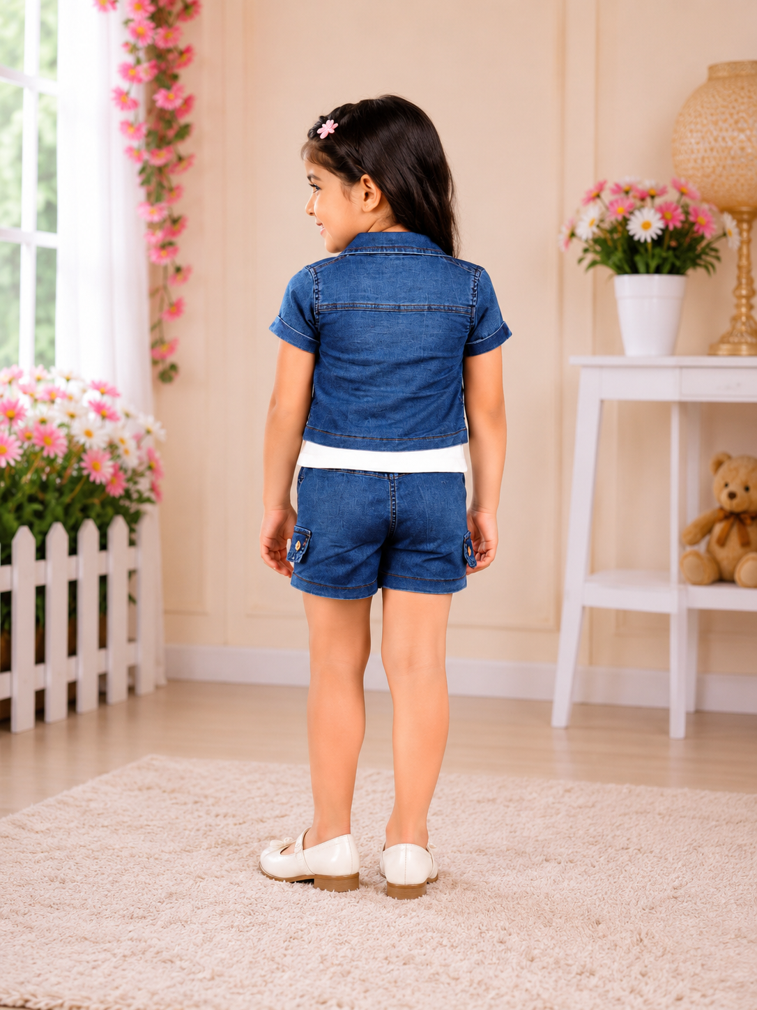 Girls White Top with Denim Shorts & Embroidered Shrug 3-Piece Co-Ord Set | Casual Summer Wear 4873-268-DNM-PT - Image 2