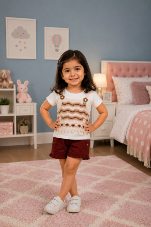 Girls White Graphic T-Shirt & Maroon Shorts Co-Ord Set | Soft Cotton Casual Summer Wear 7208-41-BRN-FL