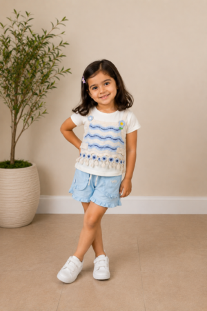Girls White Printed Top & Sky Blue Layered Skirt Co-Ord Set | Soft Cotton Casual Summer Wear  7208-41-SKY-FL