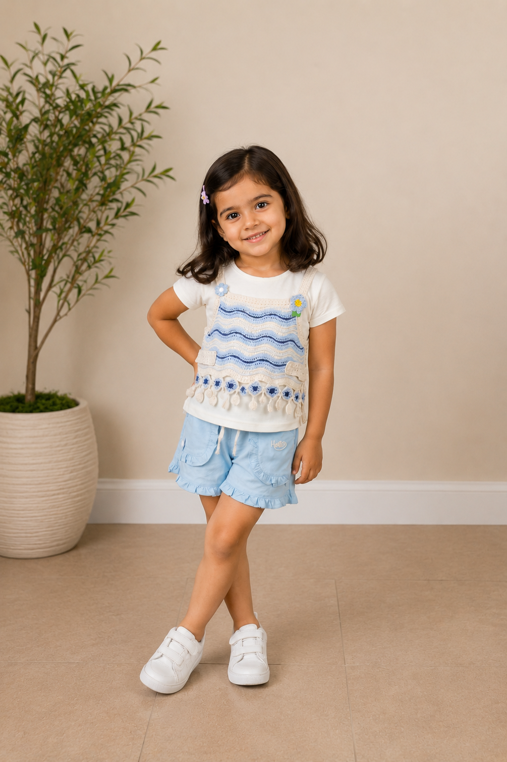 Girls White Printed Top & Sky Blue Layered Skirt Co-Ord Set | Soft Cotton Casual Summer Wear 7208-41-SKY-FL