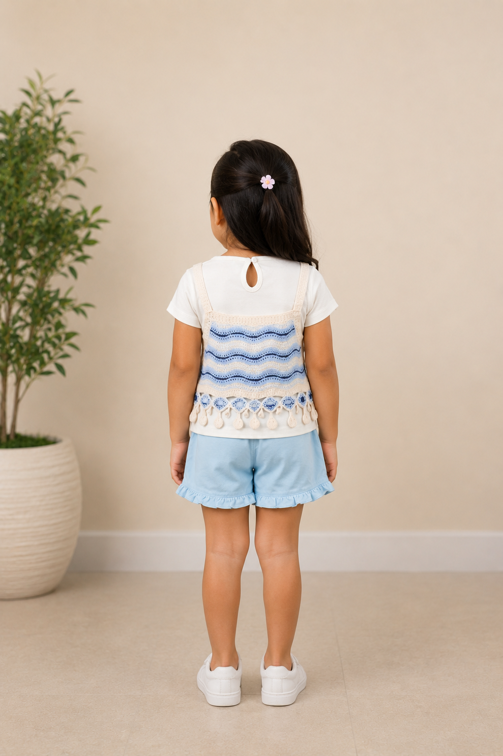 Girls White Printed Top & Sky Blue Layered Skirt Co-Ord Set | Soft Cotton Casual Summer Wear 7208-41-SKY-FL - Image 2
