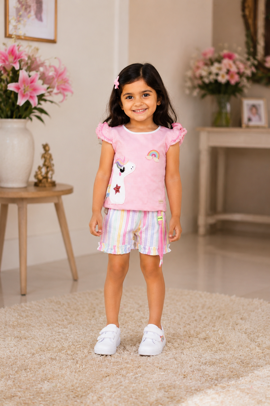 Girls Pink Rainbow Print T-Shirt & Multi color Striped Shorts Co-Ord Set | Soft Cotton Casual Summer Wear 9211-41-PNK-PR