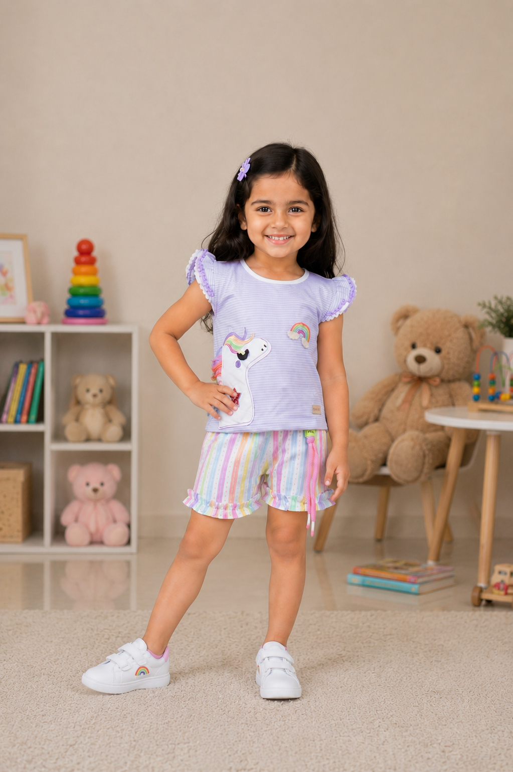 Girls Lavender Unicorn Print T-Shirt & Rainbow Striped Shorts Co-Ord Set | Soft Cotton Casual Summer Wear 9211-41-PPL-PR
