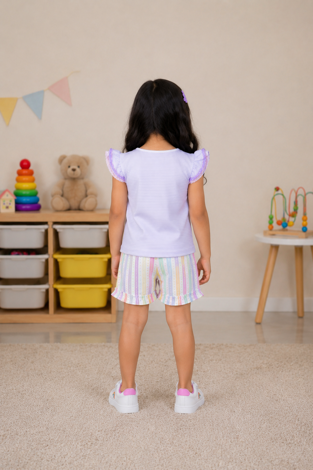 Girls Lavender Unicorn Print T-Shirt & Rainbow Striped Shorts Co-Ord Set | Soft Cotton Casual Summer Wear 9211-41-PPL-PR - Image 2