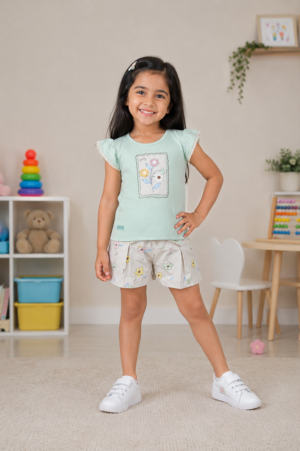 Girls Mint Green Graphic T-Shirt & Printed Shorts Co-Ord Set | Soft Cotton Casual Summer Wear 9259A-41-GRN-PR