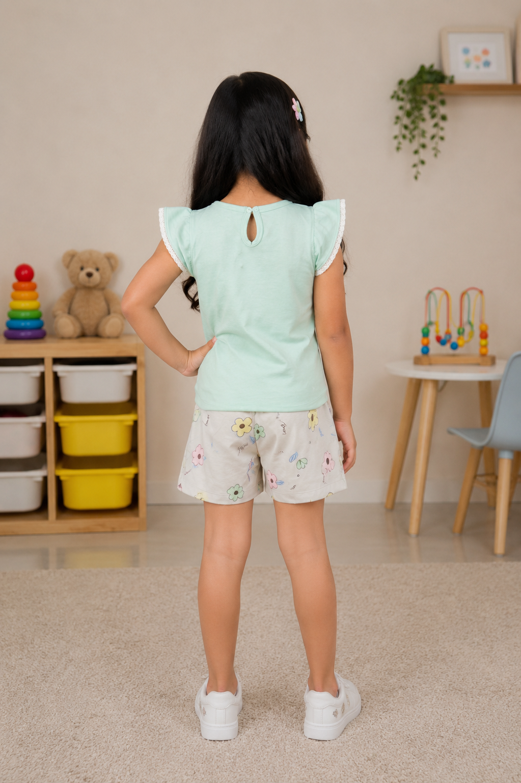 Girls Mint Green Graphic T-Shirt & Printed Shorts Co-Ord Set | Soft Cotton Casual Summer Wear 9259A-41-GRN-PR - Image 2