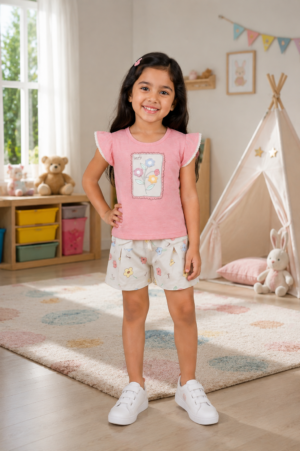 Girls Pink Graphic T-Shirt & Printed Shorts Co-Ord Set | Soft Cotton Casual Summer Wear 9259-41-PNK-PR