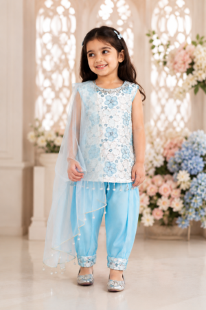 Girls Sky Blue Embroidered Kurta & Patiala Set with Net Dupatta | Festive Ethnic Wear 1041-268-WHT FRZ-PT