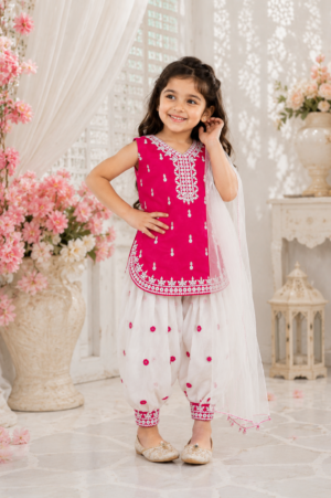 Girls Pink Embroidered Kurta & White Patiala Set with Net Dupatta | Festive Ethnic Wear 5195A-268-RANI-PR