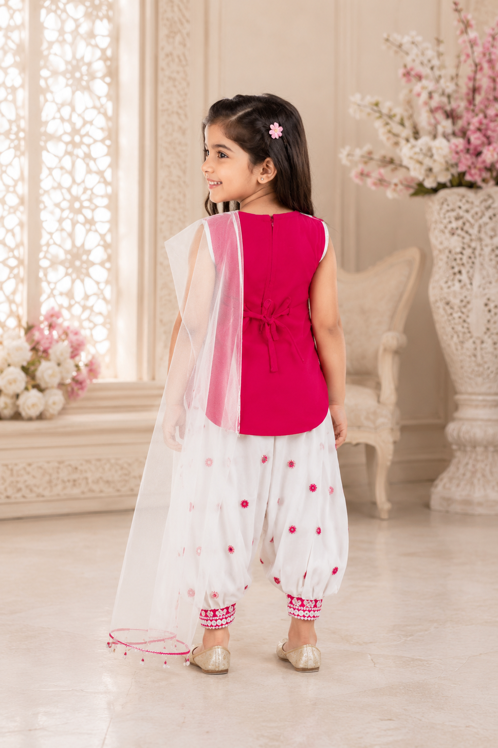 Girls Pink Embroidered Kurta & White Patiala Set with Net Dupatta | Festive Ethnic Wear 5195A-268-RANI-PR - Image 2