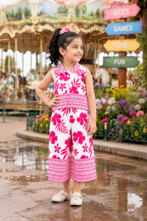 Girls Pink Floral Printed Sleeveless Wide Leg Jumpsuit | Stylish Kids Summer One-Piece Outfit 7378-54-PNK-PR