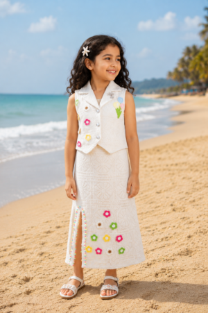 Girls White Floral Embroidered Vest & Midi Skirt Co-Ord Set | Stylish Kids Summer Outfit 9106-31-FWN-PT